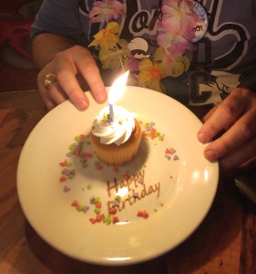 Happy Birthday cupcake plate at Kona Cafe, Polynesian Resort